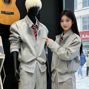 美式假两件开衫卫衣外套男生冬季短款人夫感穿搭cleanfit潮牌夹克