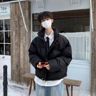 黑色羽绒服棉服防寒保暖男款冬季高级感立领美式短款pu皮面包服潮