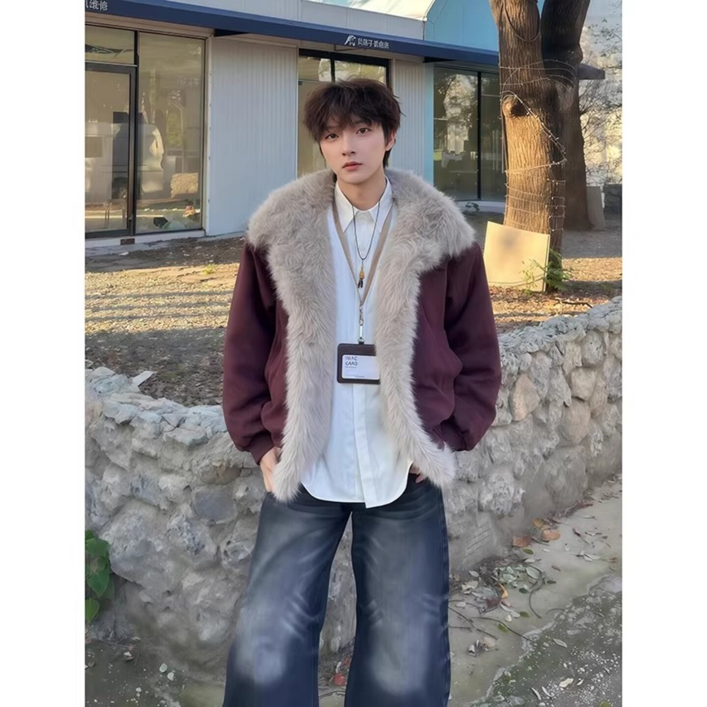 酒红色座山雕麂皮绒棉服男款冬季痞帅加厚保暖水貂绒毛领棉衣外套