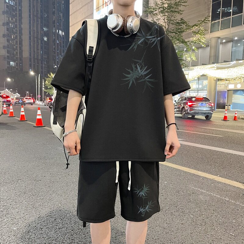ZT65*P48风华夫格短袖t恤男夏季休闲套装男潮牌五分短裤两件套,男装休闲套装,星座414A-2（原B215-2）