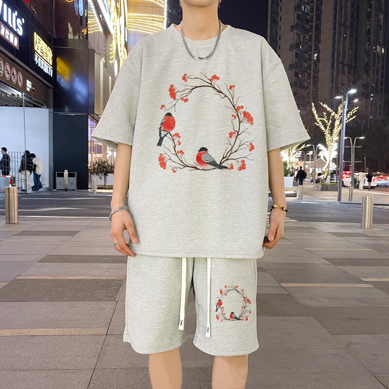 ZT68*P48新中式华夫格短袖t恤男女夏季运动套装潮五分裤两件套,男装休闲套装,星座414A-2（原B215-2）