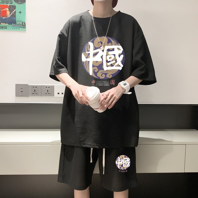 ZT58*P48重磅华夫格潮运动套装夏季两件套港风短袖短裤一套搭配,男装休闲套装,星座414A-2（原B215-2）