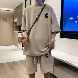 ZT01*P48 华夫格套装男夏季潮牌短袖ins高街青少年宽松运动两件套图片