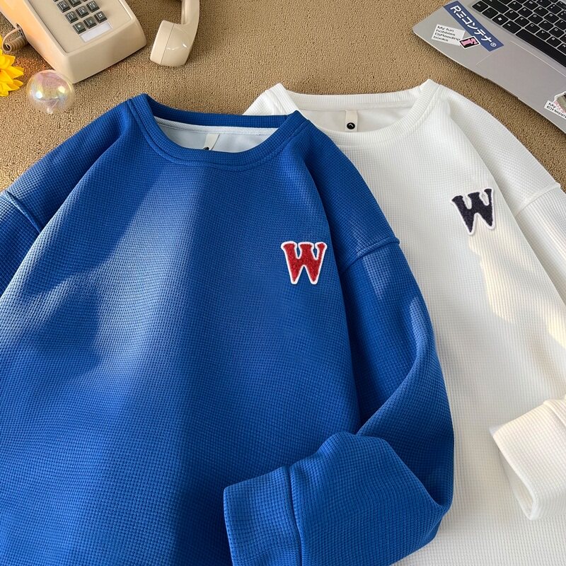 W1034*P28美式vintag卫衣男春秋季宽松华夫格贴标上衣潮牌ins外套图片