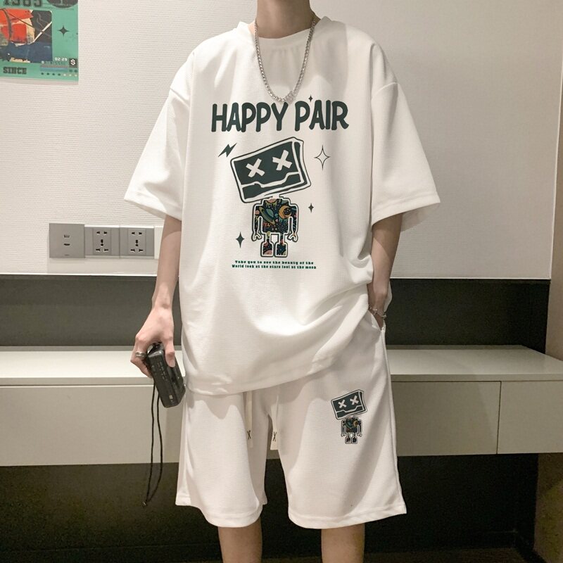 ZT23*P48美式华夫格套装男女夏季T恤短袖潮牌ins港风宽松两件套,男装休闲套装,星座414A-2（原B215-2）
