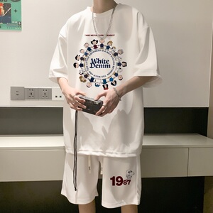 ZT52*P48港风ins华夫格套装男短袖t恤夏季休闲短裤两件套帅气男装图片