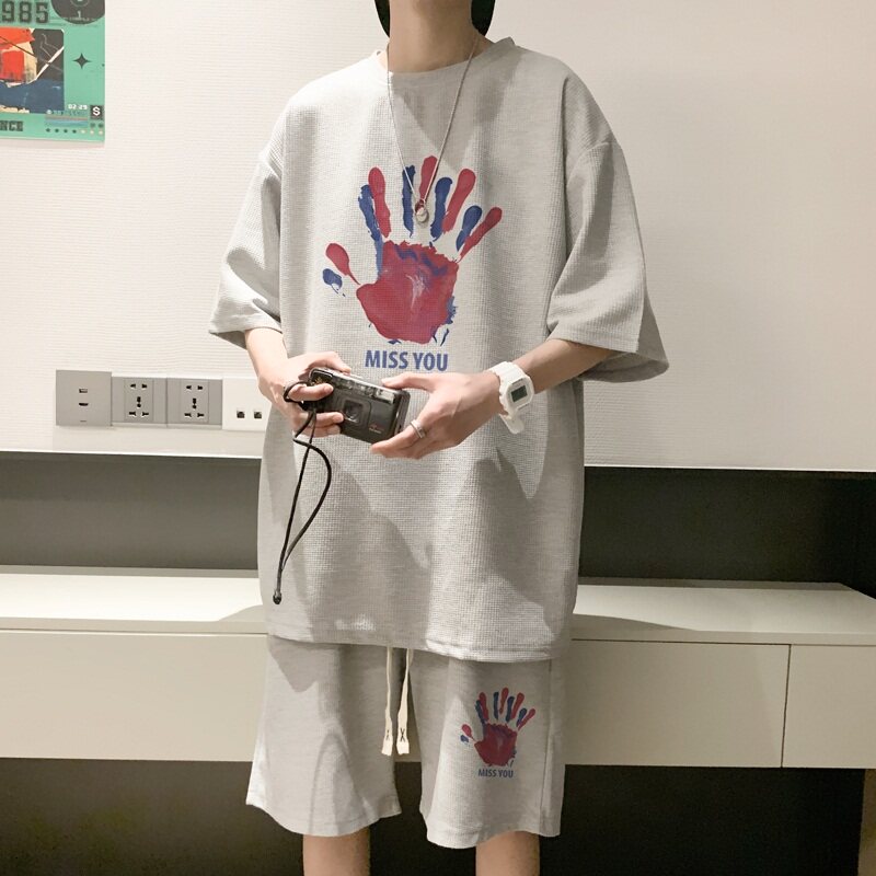wassuphappy华夫格运动套装男夏季薄款短袖短裤痞帅一套休闲穿搭,男装休闲套装,星座414A-2（原B215-2）