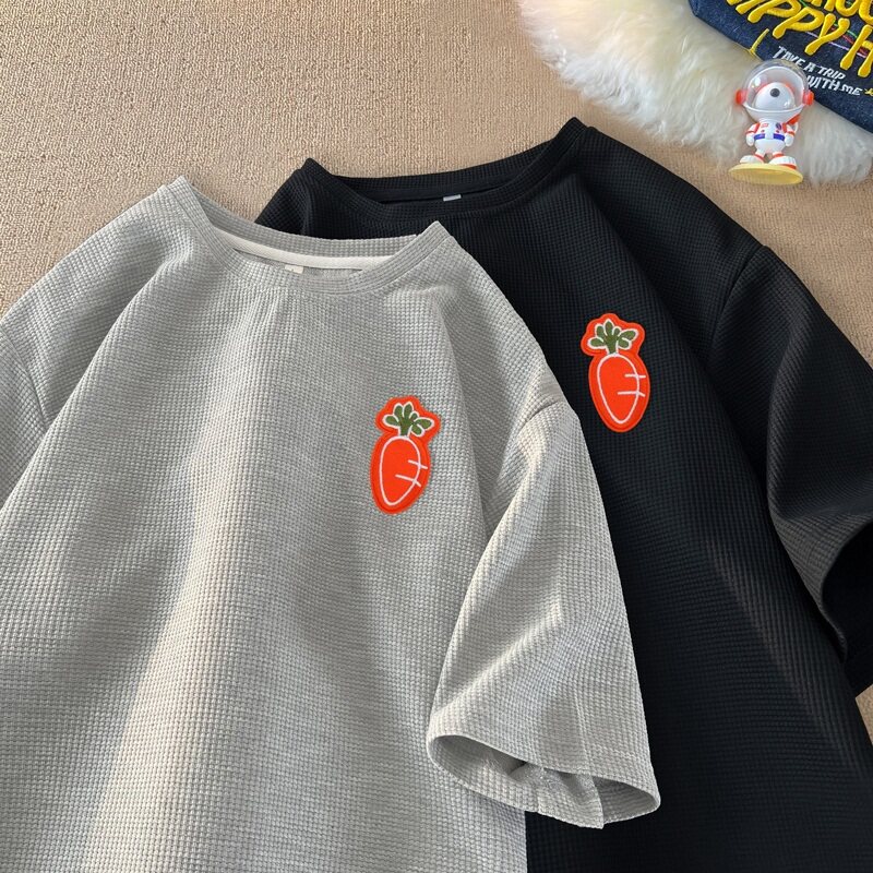 TC38*P25美式绣标华夫格短袖T恤男女夏季情侣装潮牌ins宽松上衣,男装T恤,星座414A-2（原B215-2）