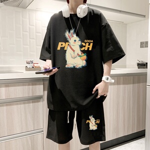 ZT43*P48 夏季华夫格套装男女短袖T恤休闲短裤青少年穿搭运动搭配图片