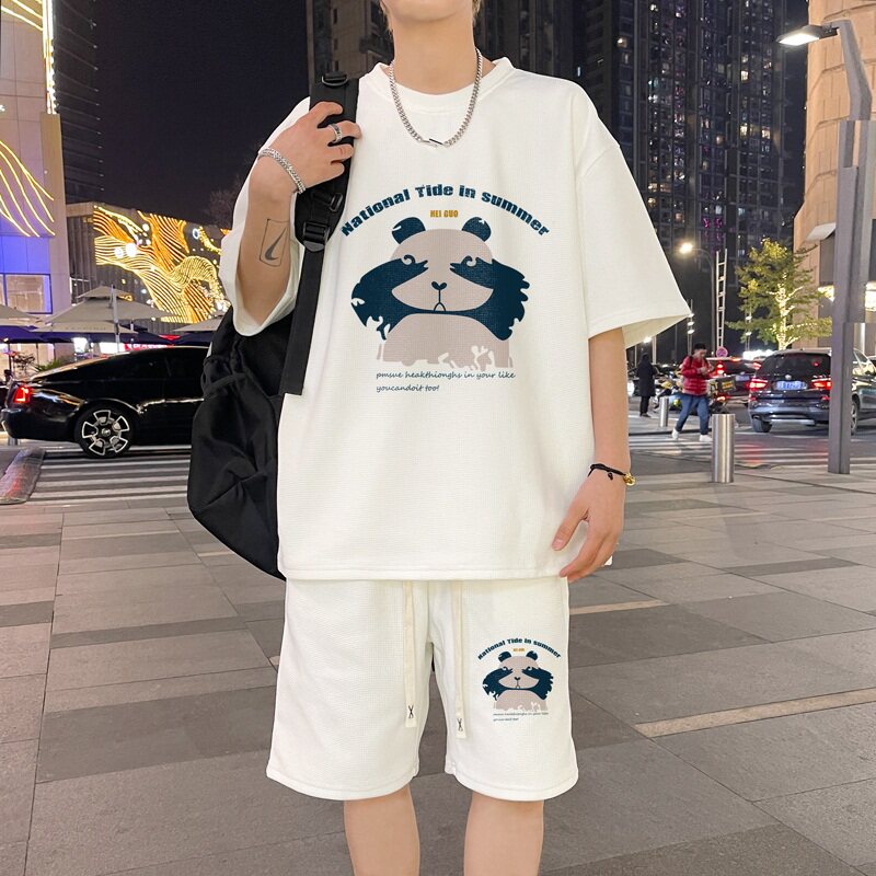 ZT70*P48新中式华夫格短袖t恤男夏季运动休闲套装五分裤两件套潮，男装休闲套装，星座414A-2（原B215-2）