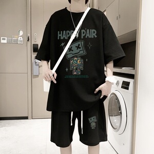 ZT23*P48美式华夫格套装男夏季潮牌T恤短袖ins港风情侣休闲两件套图片
