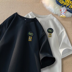 TC18*P22港风ins华夫格刺绣情侣五分袖T恤男夏季宽松短袖上衣控38图片