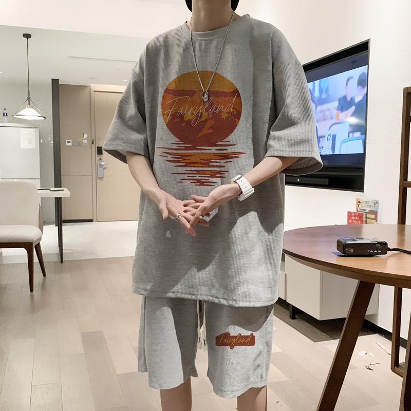 ZT38*P48华夫格短袖t恤男女夏季套装潮流一套搭配帅气港风上衣服，男装休闲套装，星座414A-2（原B215-2）