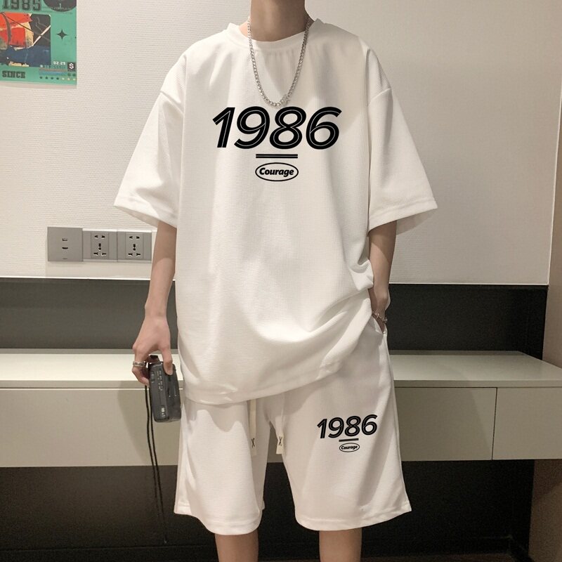 ZT19*P48美式华夫格套装男夏季潮牌T恤短袖ins港风宽松运动两件套,男装休闲套装,星座414A-2（原B215-2）
