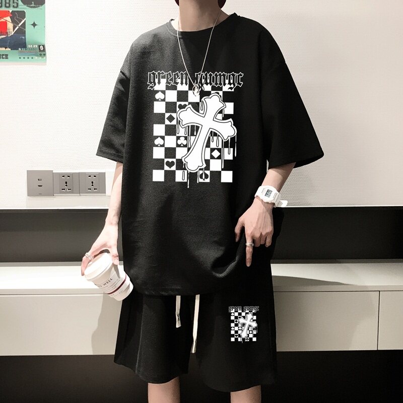 ZT51*P48港风ins华夫格套装男短袖t恤夏季潮流短裤两件套帅气男装,男装休闲套装,星座414A-2（原B215-2）