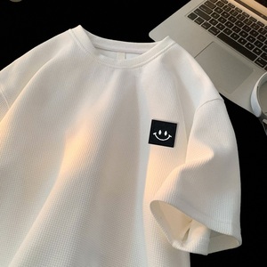 TC55*P22华夫格男女t恤夏季短袖宽松大码体恤潮牌笑脸半袖衣服,好看的衣服穿搭男港风宽松图片