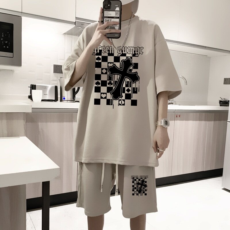 ZT51*P48港风ins华夫格套装男短袖t恤夏季休闲短裤两件套帅气男装,男装休闲套装,星座414A-2（原B215-2）