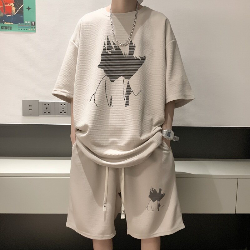 动漫印花短袖短裤套装男夏季青少年休闲运动潮牌T恤一套搭配帅气图片
