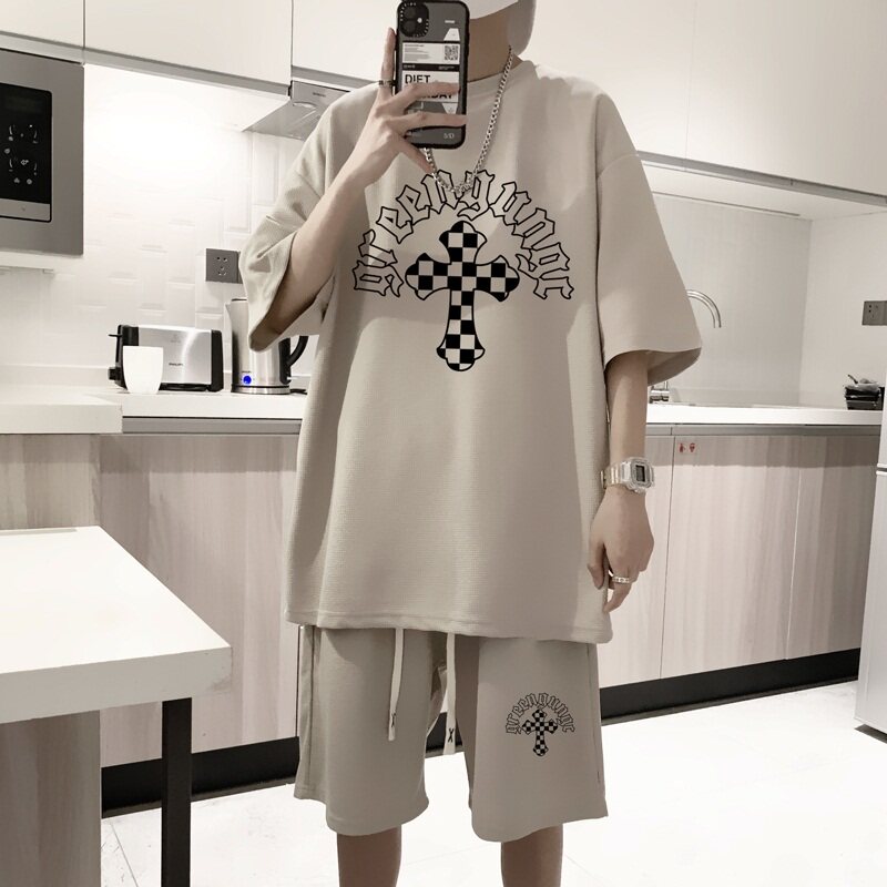 ZT50*P48港风ins华夫格套装男短袖t恤夏季休闲短裤两件套帅气男装,男装休闲套装,星座414A-2（原B215-2）