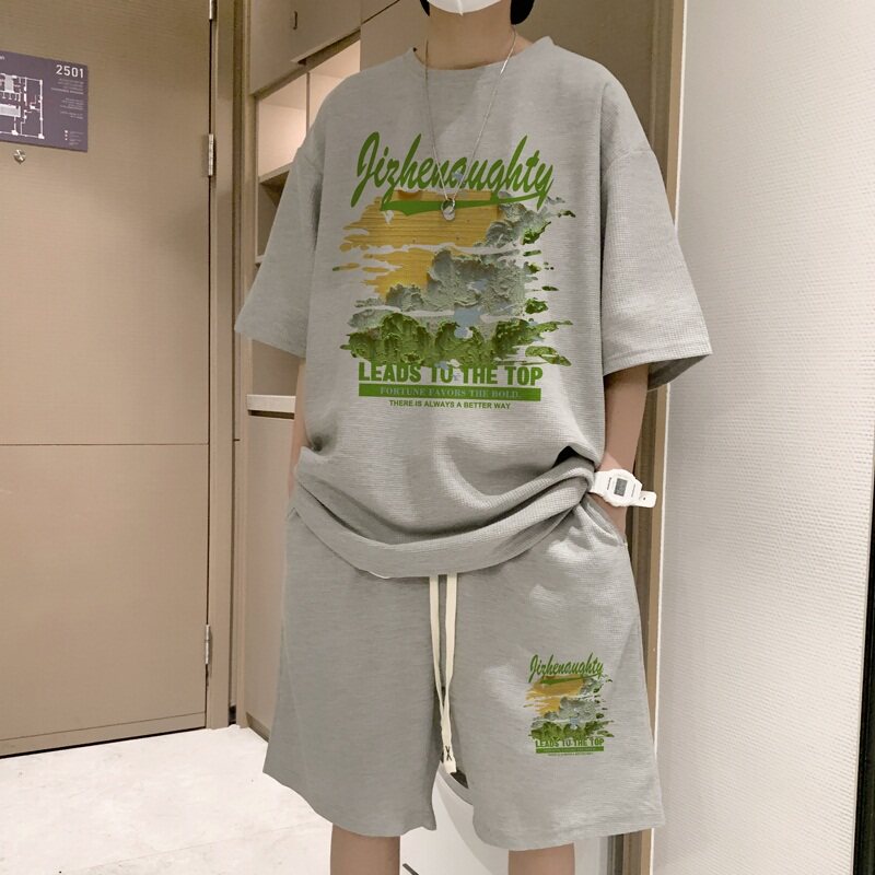 ZT33*P48潮短袖短裤套装男夏季港风两件套t恤一套搭配帅气衣服,男装休闲套装,星座414A-2（原B215-2）