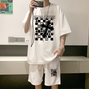 ZT51*P48港风ins华夫格套装男短袖t恤夏季潮流短裤两件套帅气男装图片