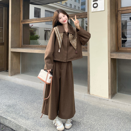 美拉德咖披肩阔腿裤两件套女