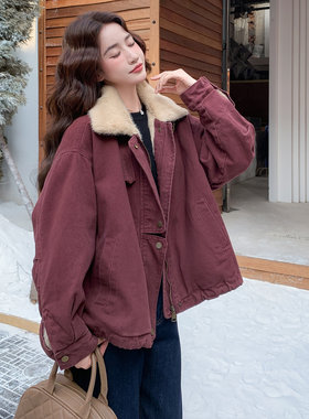 工装宽松加绒牛仔短款派克服女