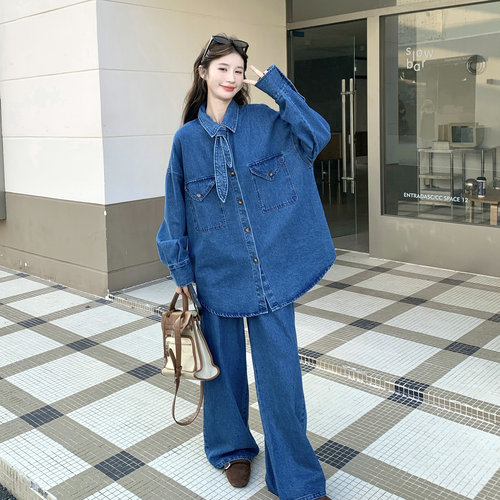 秋季复古牛仔阔腿裤衬衫套装女