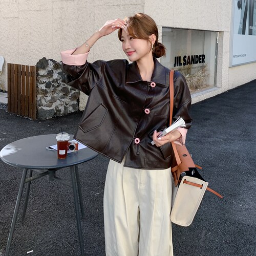 短款小个子复古咖色皮衣女