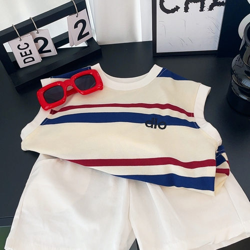 儿童套装夏季新款男童女童条纹刺绣背心短裤时尚洋气中大童两件套