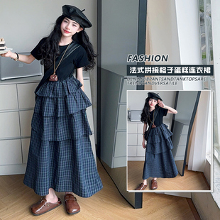 女童格子连衣裙夏季薄款2025新款大童蛋糕裙高级感亲子装长款裙子