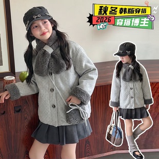 女童圆点毛呢加厚外套冬装2026新款儿童宽松保暖棉服送包包送围巾
