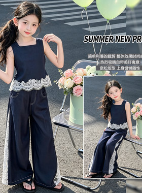 女童夏季韩系蕾丝拼接牛仔套装