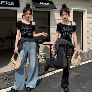 女童时髦套装2026新款春秋薄儿童洋气亮闪闪烫钻牛仔裤短袖两件套