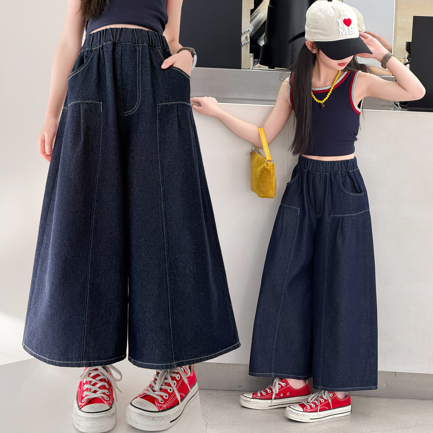 女童高腰牛仔阔腿裤春秋薄款儿童宽松垂感大童亲子装大码九分裤子