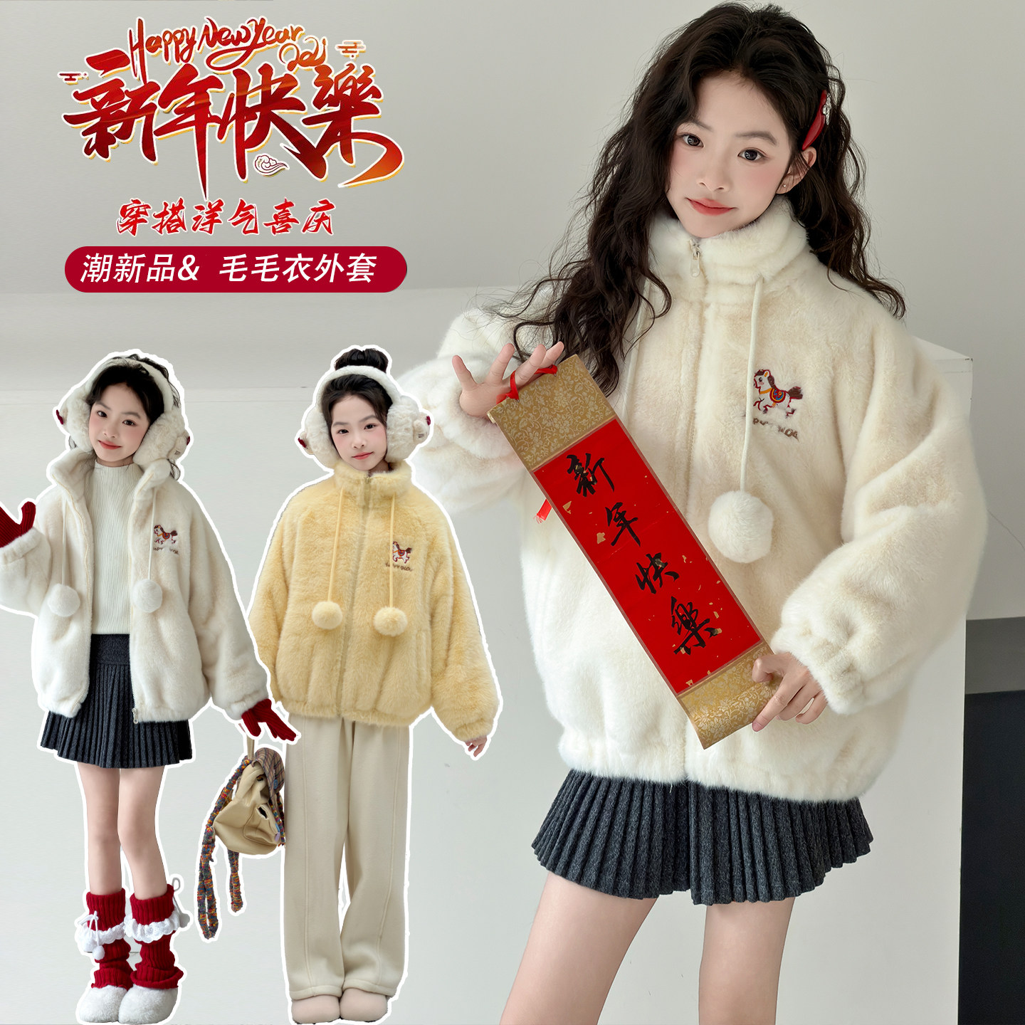 女童水貂绒毛毛衣皮草外套加绒2025新款儿童加厚毛绒连帽保暖冬装