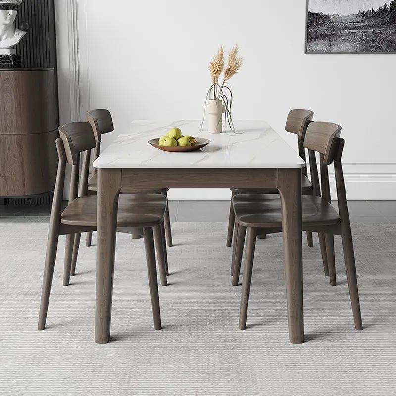 轻奢亮光岩板餐桌现代简约橡胶木餐桌椅家用小户型6人吃饭桌组合