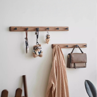 免打孔黑胡桃木挂钩卧室墙壁挂衣架中古风实木入户门口包包收纳架