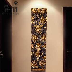 泰国柚木木雕 实木描金玫瑰花雕板东南亚泰式软装饰品电视背景墙