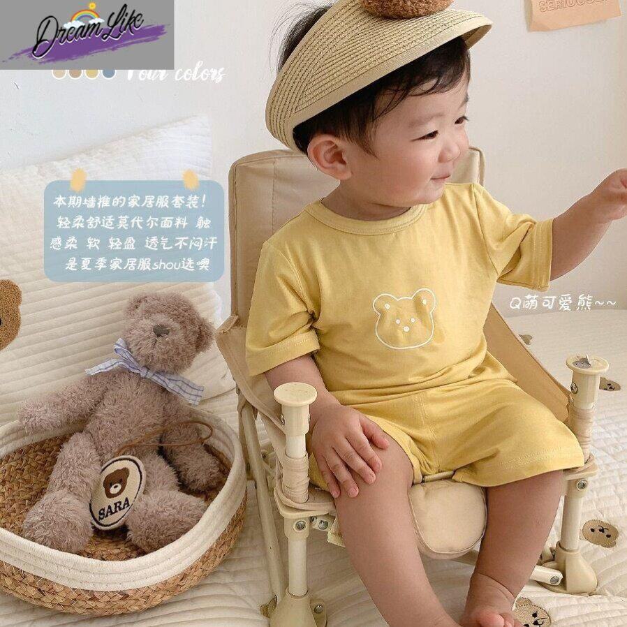 短袖莫代尔婴儿空调服夏季薄款超萌女宝宝七分夏装儿童睡衣套装
