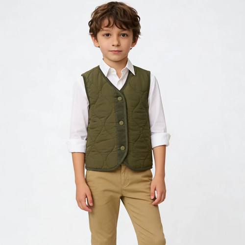 灯芯绒拼接背心V领无袖闭合按扣