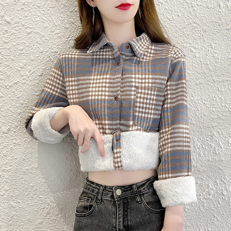 加绒格子女磨毛衬衫2025时尚