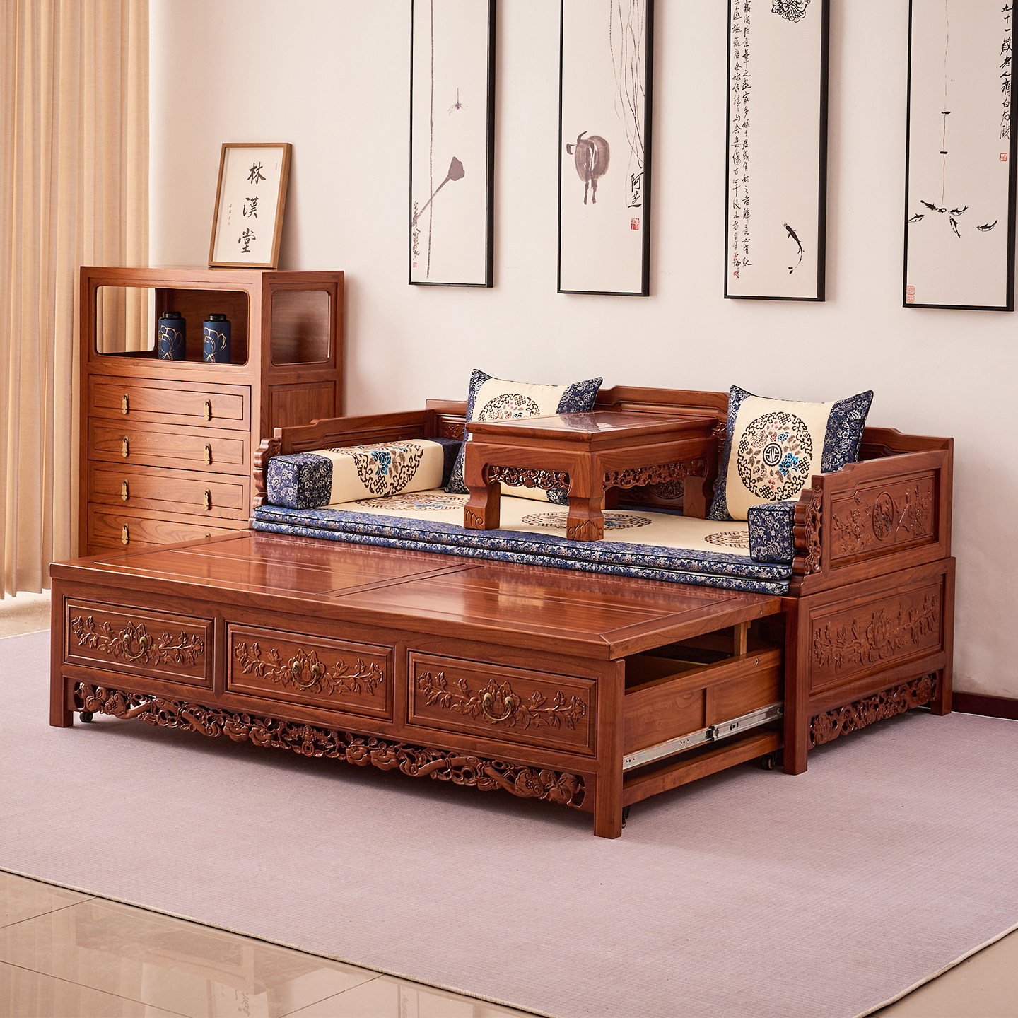 新中式罗汉床实木多功能伸缩两用榆木沙发床小户型客厅推拉罗汉榻