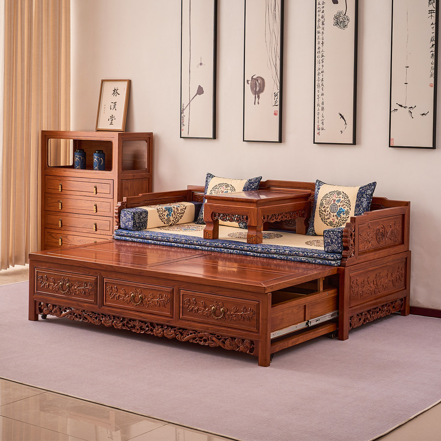 新中式罗汉床实木多功能伸缩两用榆木沙发床小户型客厅推拉罗汉榻