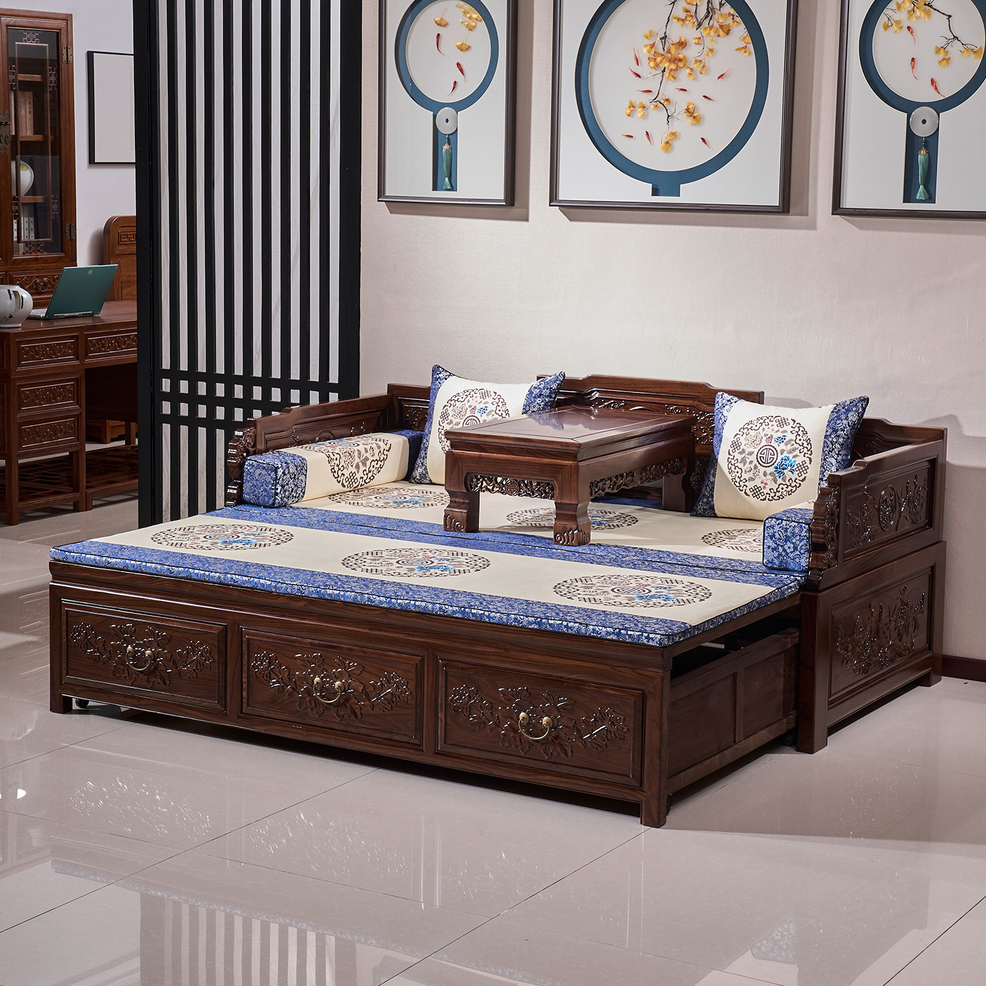 罗汉床实木新中式推拉床老榆木多功能两用折叠沙发床伸缩床贵妃榻