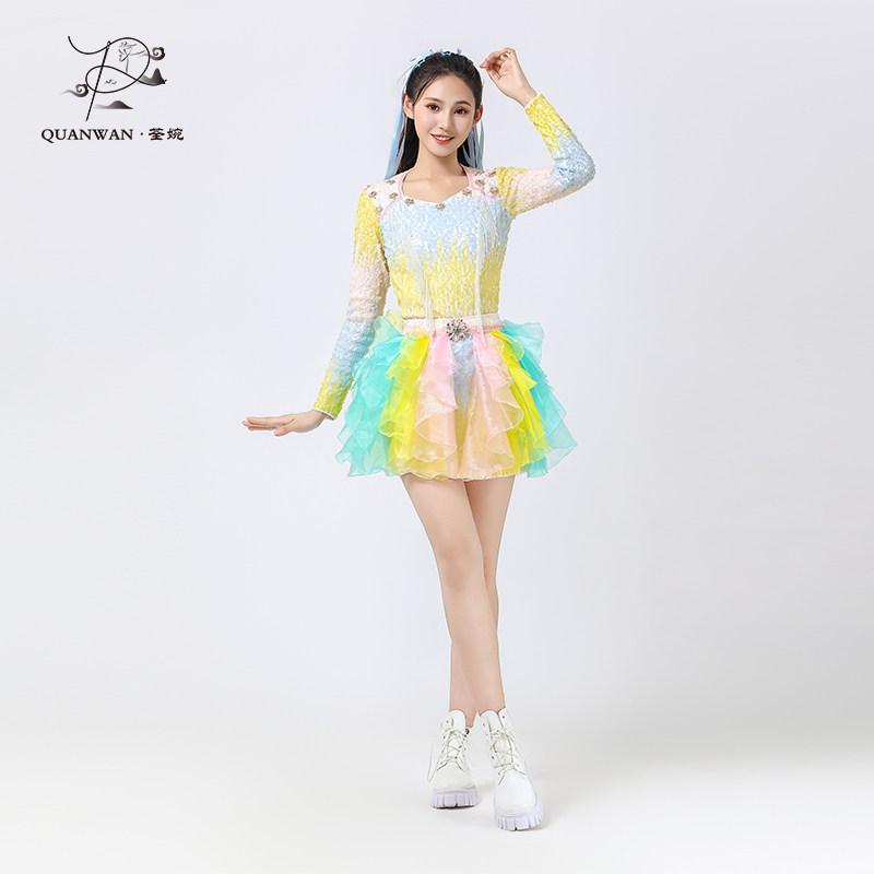 2025新款闪耀青春活力少女蓬蓬裙啦啦操彩色多巴胺短裙女团舞蹈服