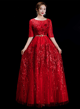 珠片红色合唱服宴会晚礼服出租女款修身气质礼服七分袖长裙定制