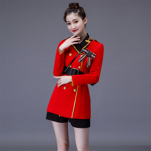 红色女团打歌服舞台演出服女兵套装乐队服装现代舞蹈服定制出租