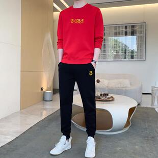 蛇年贺岁款运动套装男2025新款红色卫衣卫裤中国风休闲搭配两件套