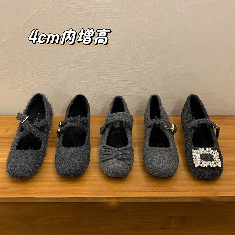 灰色水钻内增高玛丽珍鞋保暖棉鞋